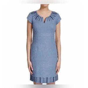 Boden 100% Linen Blue Sorrento Linen Short Cap Sleeve Embroidered Dress Size 6